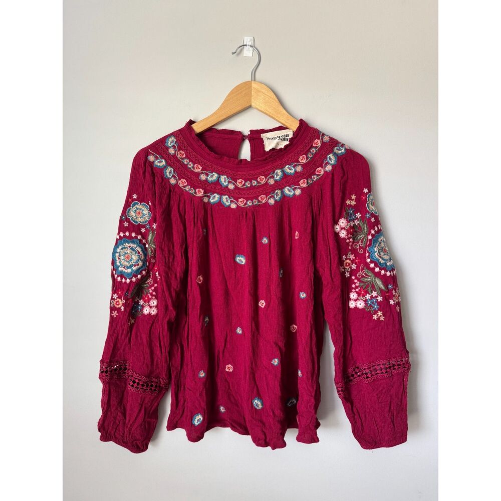 Savanna Jane Peasant Top Womens L Red Long Sleeve Embroidered Flowers